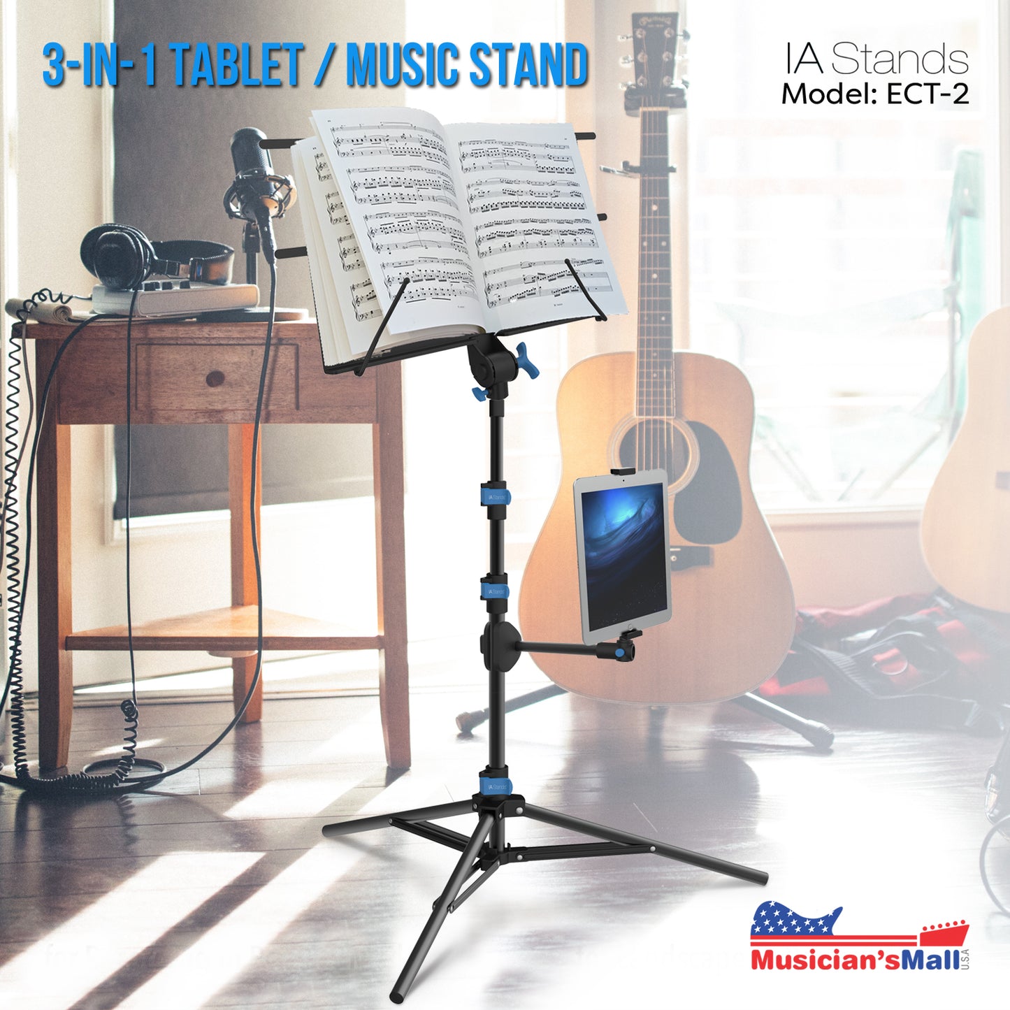 IA Stands ECT2 Folding Music Stand for Music Sheet with Interchangeable Tablet Holder