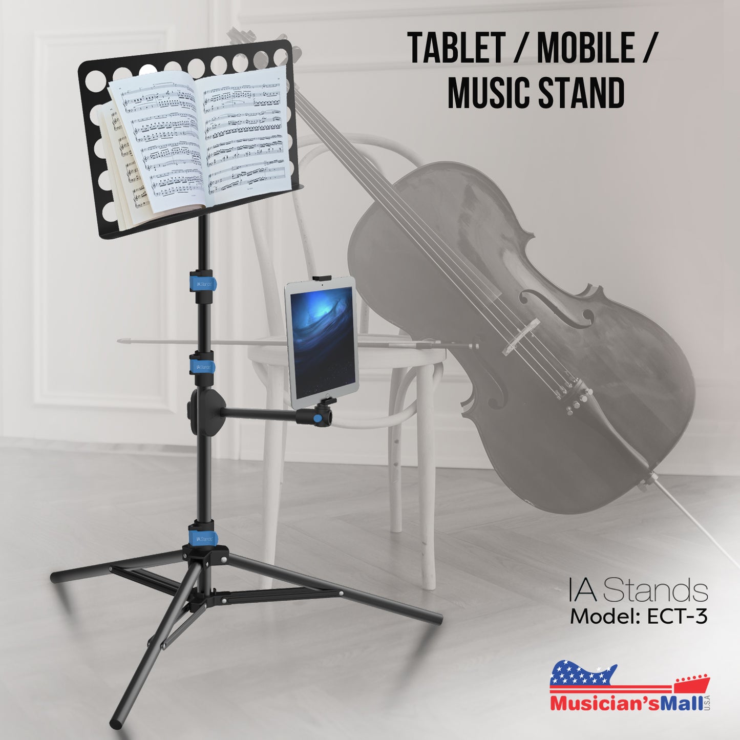IA Stands ECT3 Music Sheet and Tablet Tripod Stand with Interchangeable Tablet Holder