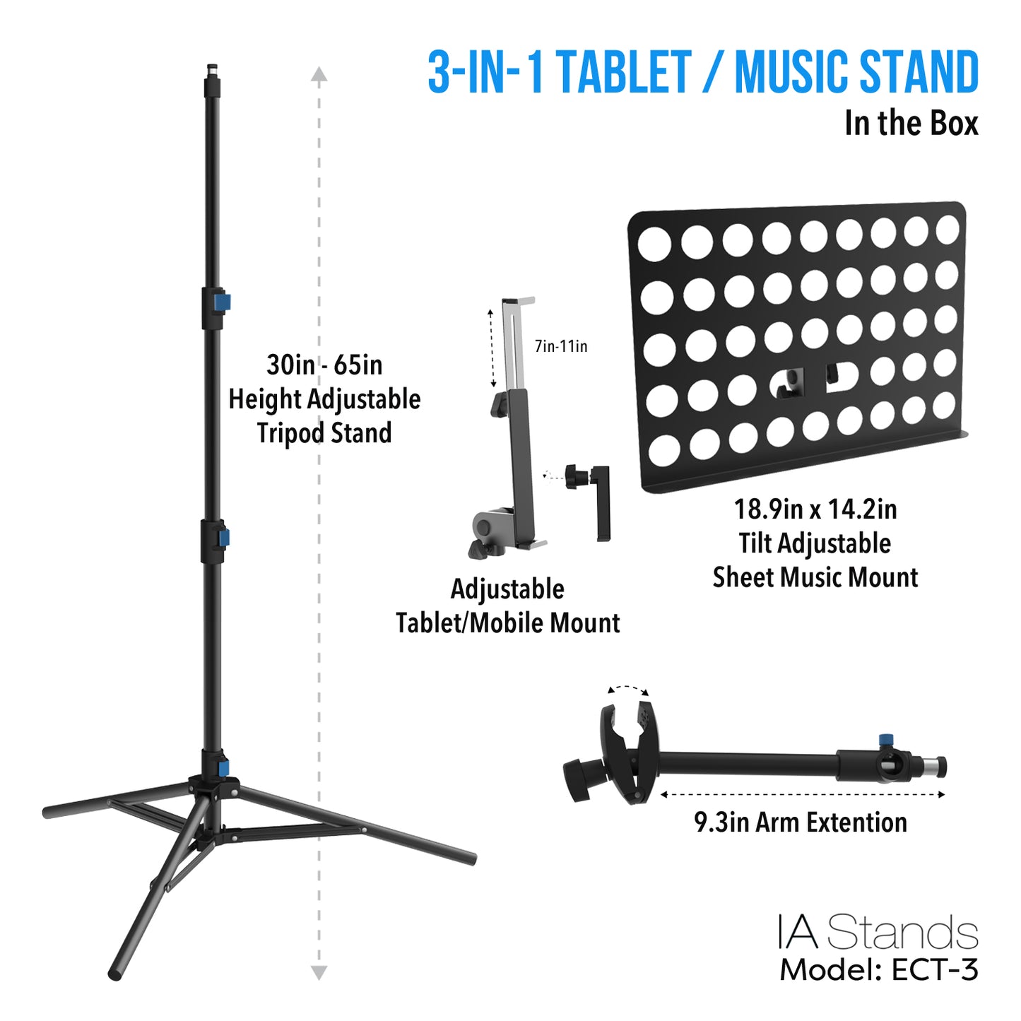 IA Stands ECT3 Music Sheet and Tablet Tripod Stand with Interchangeable Tablet Holder