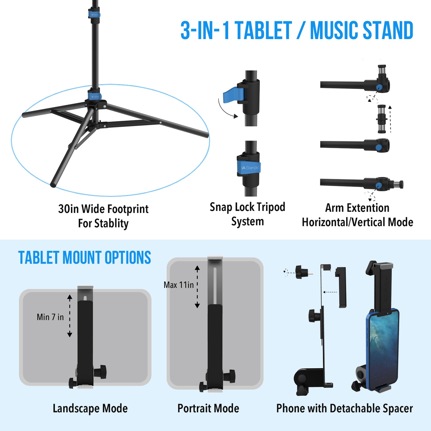 IA Stands ECT3 Music Sheet and Tablet Tripod Stand with Interchangeable Tablet Holder